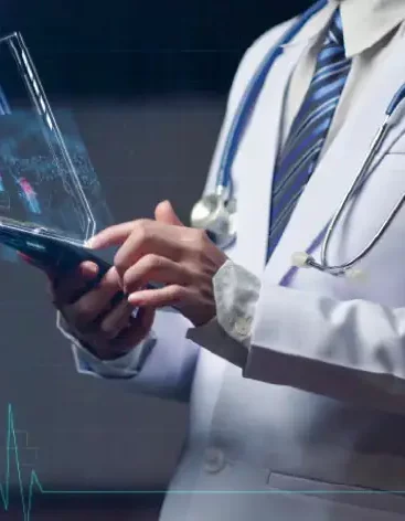 A doctor visualizing primary care billing services report on a tablet