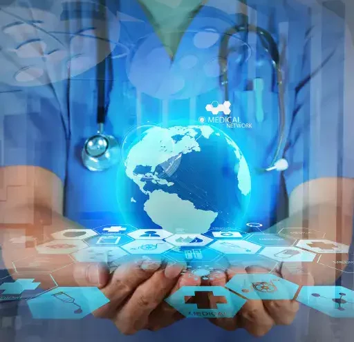 An illustration of a doctor holding the earth globe