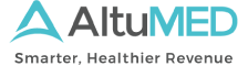 Logo of AltuMED featuring a stylized letter A and the tagline Smarter, Healthier Revenue in blue and gray text.