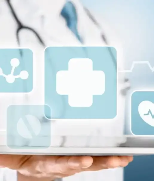 A doctor holding virtual medical professionals sugns virtually