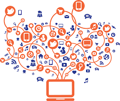 An illustration of a modern era in which all the nodes of social media platforms are connected to the computer pointing towards the evolution of patient consumerism